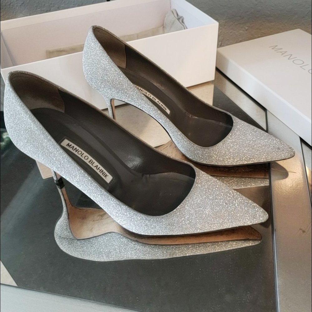 Manolo Blahnik size 38.5 Silver Glitter - Picture 1 of 13